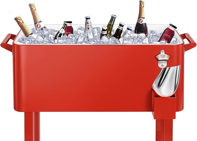 EDOSTORY 80 Quart Rolling Ice Chest Cooler Cart,Patio Backyard Party Drink Beverage Bar Stand Up Cooler Trolley with Ice Scoop