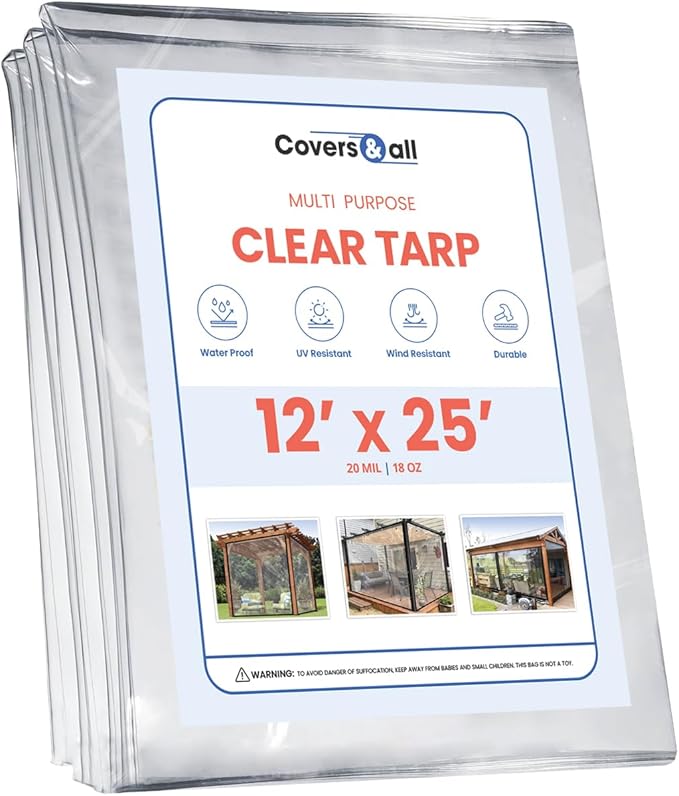 Covers & All Clear Waterproof Tarps, 18 oz Clear PVC Tearproof & Waterproof Tarpaulin, Perfect for Indoor & Outdoor Use (12’ H x 25’ W Feet, Clear)