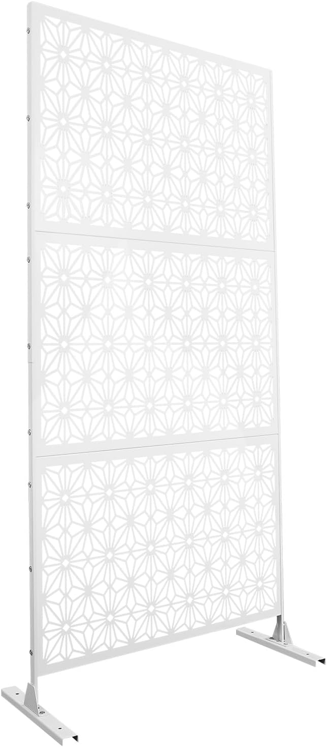 75" H×35" W Decorative Outdoor Privacy Screen with Stand, Outdoor Decor Privacy Fence Screen Metal Fence Panels, Free Standing Metal Divider for Patio Lawn Deck (White-Small Snowflake)