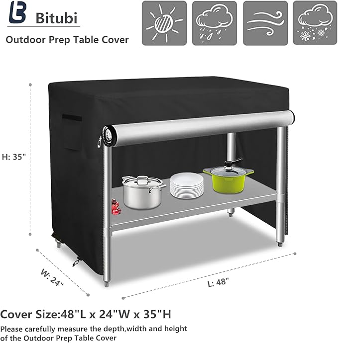 Bitubi 48 Inch Outdoor Prep Table Cover with Split Zipper, Waterproof Stainless Steel Prep & Work Table Cover for Patio Table - 48''L x 24''W x 35''H (Black)