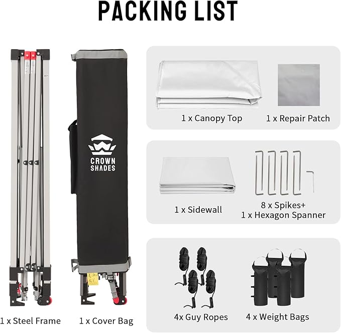 CROWN SHADES 10x10 Pop Up Canopy with 1 Side Wall - Beach Tent with One Push Setup - Outdoor Sun Shade for Events, Parties, Camping - Gazebo with STO-N-Go Cover Bag (White)