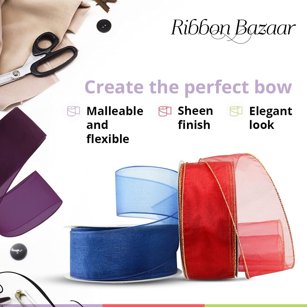 Ribbon Bazaar Sheer Organza Wired Ribbon - 100% Polyester Wire Edged Ribbon for Floral Decor, Table Arrangements, Apparel Embellishment & More - 1-1/2" Navy 25yd