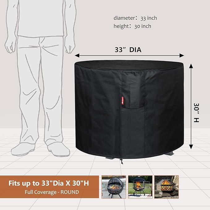 SheeChung Fire Pit Cover Round 33" Dx30 H for Globe fire Ball,Waterproof Heavy Duty 600D Wood Fire Globe Fire Pit Cover for Outdoor fire with BBQ Grill Globe Large Round Pit