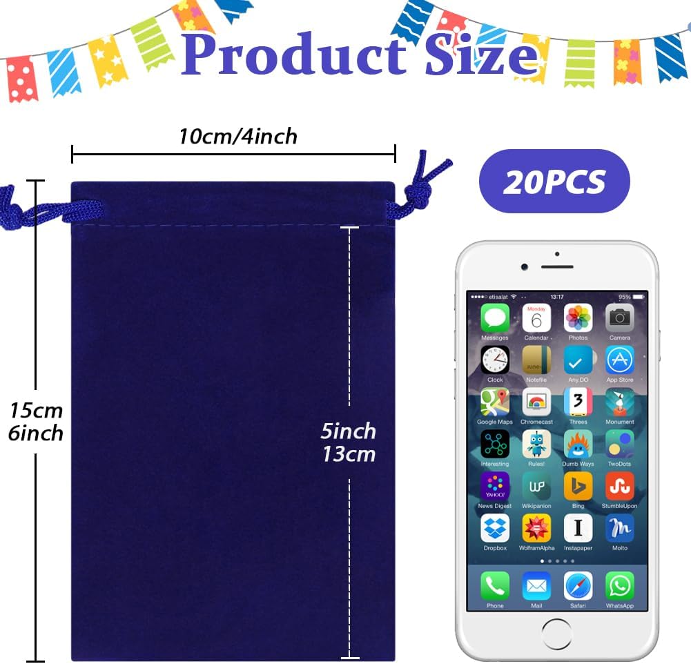 Shintop 20pcs Velvet Gift Bags, 4x6inch Blue Jewelry Bags Drawstring Coin Pouches for Dice Custom Packaging