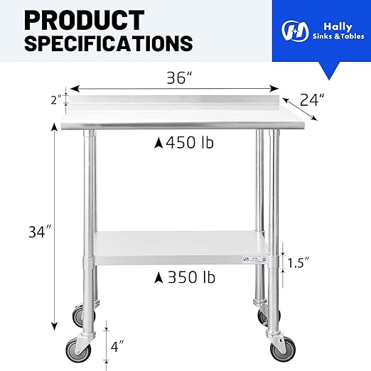Hally Stainless Steel Table for Prep & Work 24 x 36 Inches with Caster Wheels, NSF Commercial Heavy Duty Table with Undershelf and Backsplash for Restaurant, Home and Hotel
