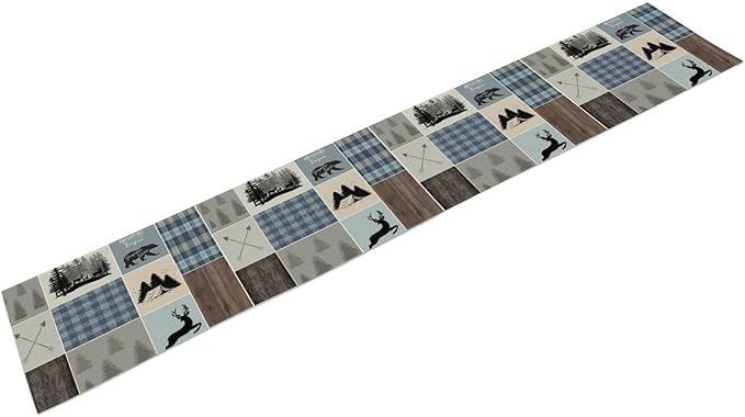 Rustic Bear Deer Table Runner, Blue Checkered Nature Forest Wildlife Farmhouse Cabin Country Table Runner for Outdoor Dining Kitchen Camping Party 13x70in