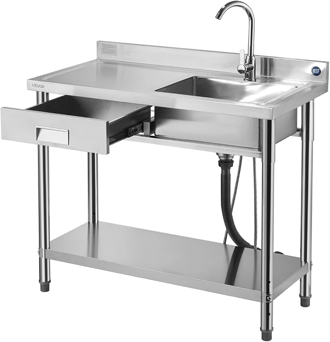 VEVOR Stainless Steel Utility Sink, Free Standing Single Bowl Commercial Kitchen Sink with Drawer, Faucet and Hot & Cold Water Pipe, Utility Basin for Garage Restaurant Laundry, 39.4 x 19.7 x 37 in