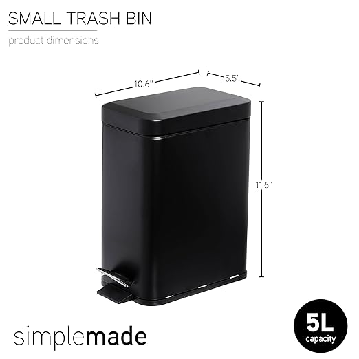 SIMPLEMADE Rectangle Step Trash Can - 5 Liter / 1.3 Gallon - Small with Lid, Stainless Steel for Bathroom | Office | Garbage | Metal Wastebasket (Black)