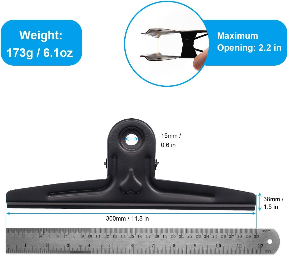 Coideal Extra Large Bulldog Clips Black, 2 Pcs Heavy-Duty Jumbo Bull Clips 30cm XXL Stainless Steel Paper Clip Clamps (11 4/5 Inch)