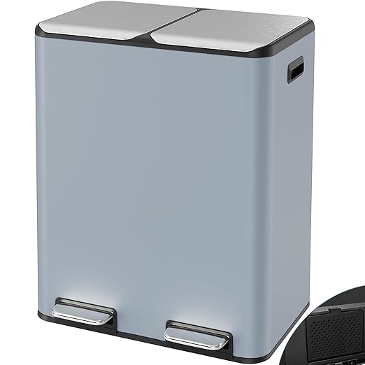 Arlopu 16Gal Dual Trash Can w/2 Built-in Box for Odor Control, Hands-Free Kitchen Garbage Bin, Recycle Waste Dustbin, Soft-Close Lid, 2 Buckets,Foot Pedal, Side Handle, Airtight,for Home (Haze Blue)
