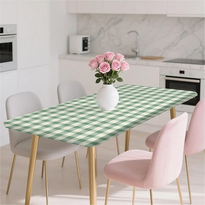 Rectangle Table Cloth Cover Waterproof Elastic Fitted Polyester Fitted Tablecloths for 6 Foot Tables for Indoor,Picnic, Camping, Outdoor （72" x 30"，Green Grid）