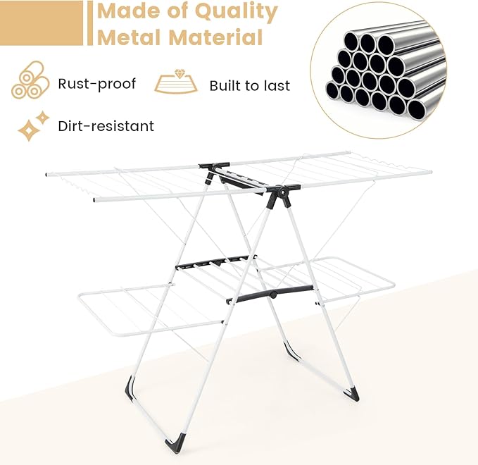 GOFLAME Clothes Drying Rack, 2-Tier Folding Laundry Drying Rack with Height-Adjustable Wings, 33 Drying Rails, Middle Sock Clips, Side Wave-shaped Bars, Freestanding Laundry Hanger, No Assembly Needed