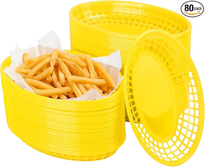 80 Pcs 9 x 5.7 Inch Reusable Oval Fast Food Baskets, Sturdy Plastic Serving Baskets for Fast Food, Parties, Picnics, BBQs and Snacks, by KUKLIPJIM.(Yellow)