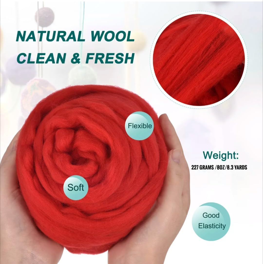 Colored Natural Wool roving, 8 OZ. Best Wool for Needle Felting, Wet Felting, handcrafts and Spinning. (Red)