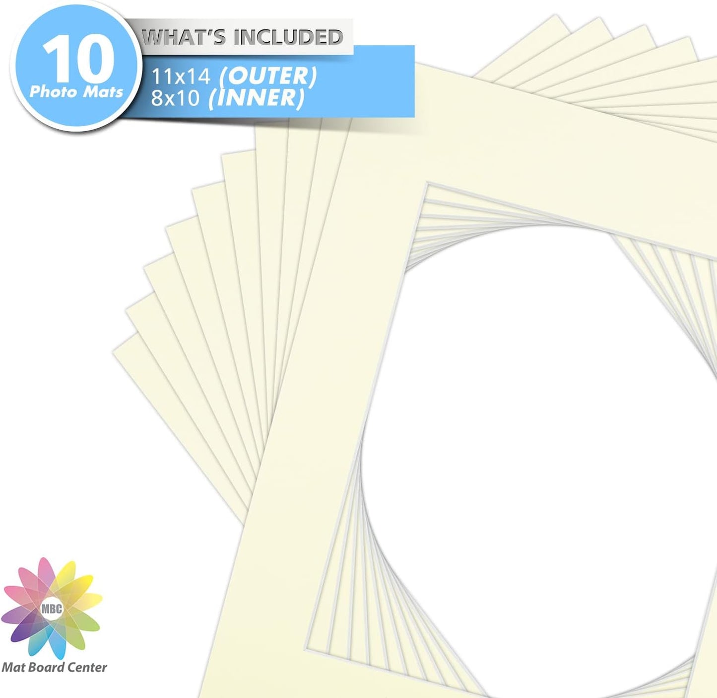 Mat Board Center, Pack of 10, 11x14 for 8x10 Ivory Color Mats - Bevel Cut, Acid Free, 4-ply Thickness, White Core - for Pictures, Photos, Framing