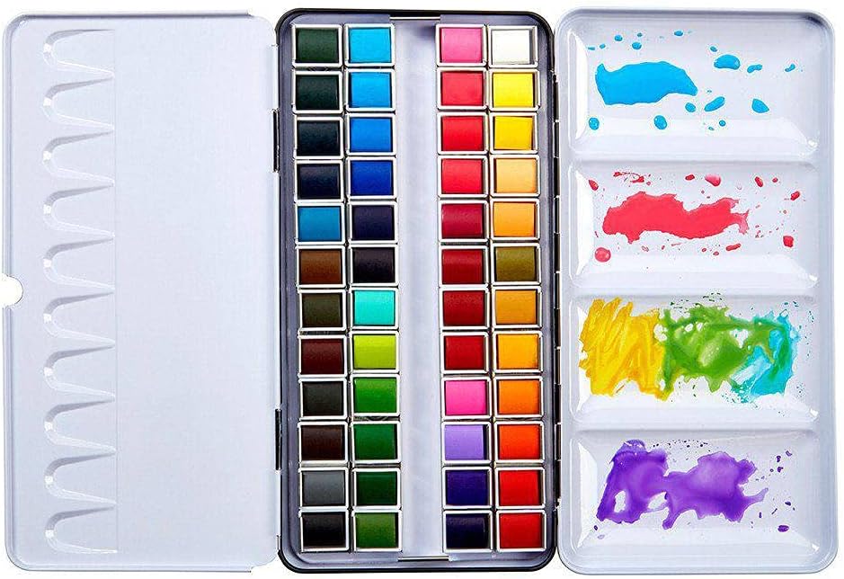 KINGART PRO Artist, Tin Box with Water Brush Watercolor Half-Pans, 48 Vibrant Colors Piece