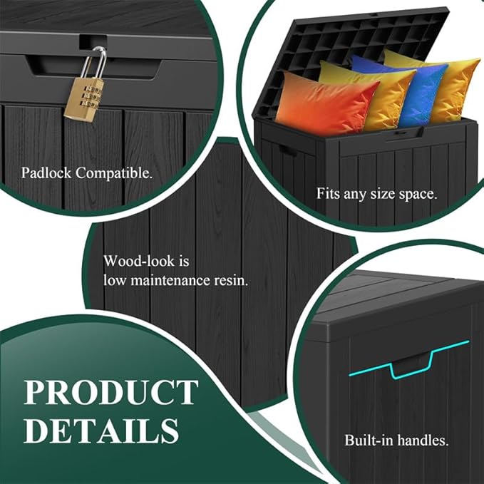 30 Gallon Outdoor Storage Box – Resin Deck Box with Lockable Lid, Waterproof Patio Furniture Storage for Tools, Garden & Yard Organization (Black