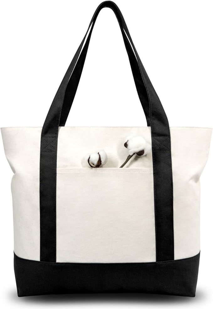 TOPDesign 3-Pack Canvas Tote Bags with an External Pocket, Reusable Grocery Shopping Bags, Top Zipper Closure, Daily Essentials (Black/Natural)