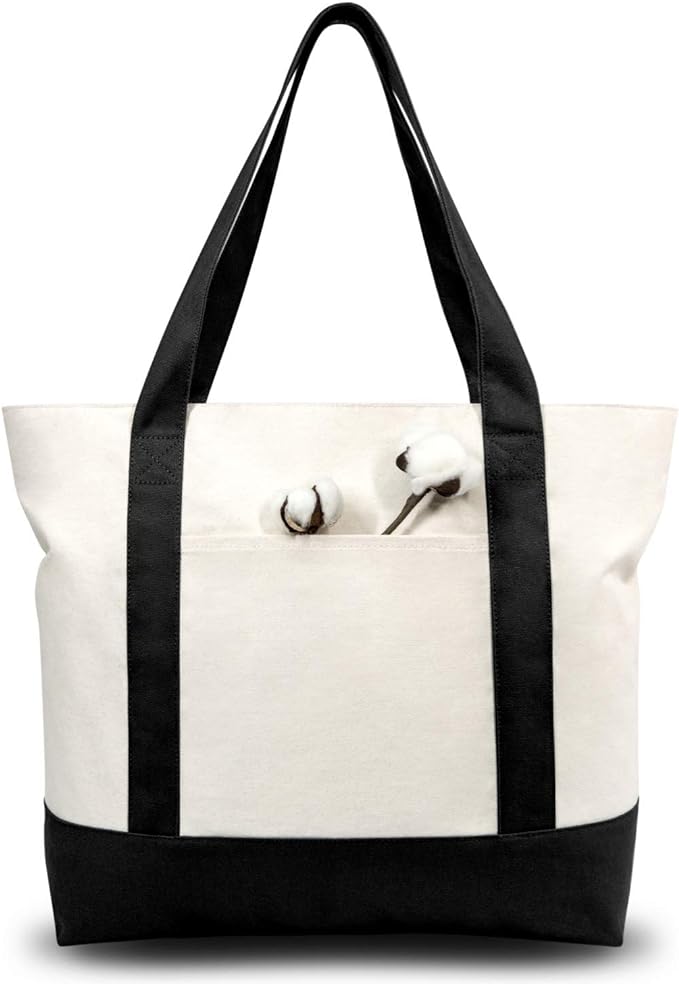 TOPDesign 6-Pack Canvas Tote Bags with an External Pocket, Reusable Grocery Shopping Bags, Top Zipper Closure, Daily Essentials (Black/Natural)