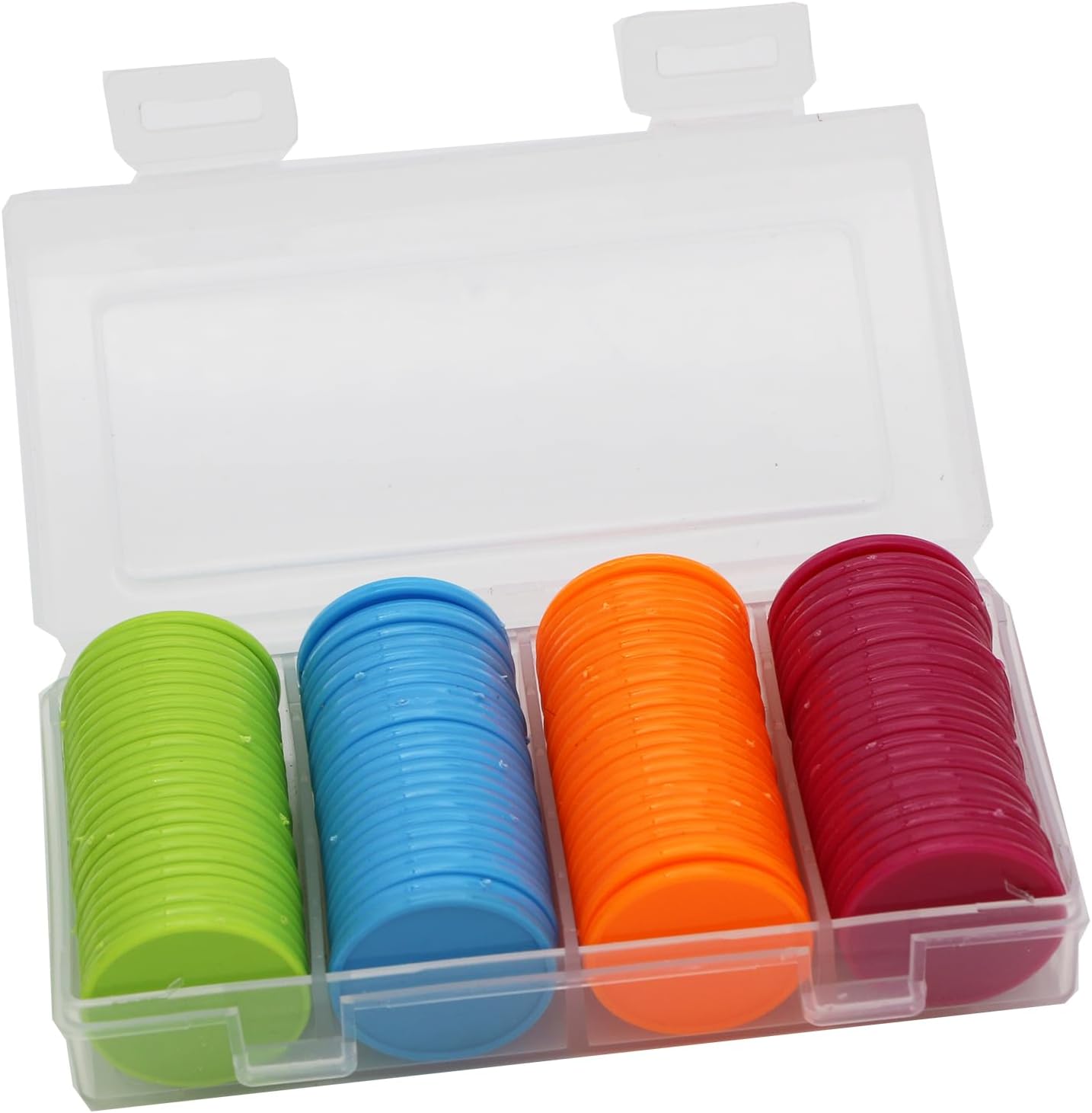 Set of 100 Opaque Plastic Learning Counters Mini Poker Chips Game Tokens with Storage Box (Mediumvioletred+Lawngreen+Deepsky Blue+Orange, 1.58 Inch)