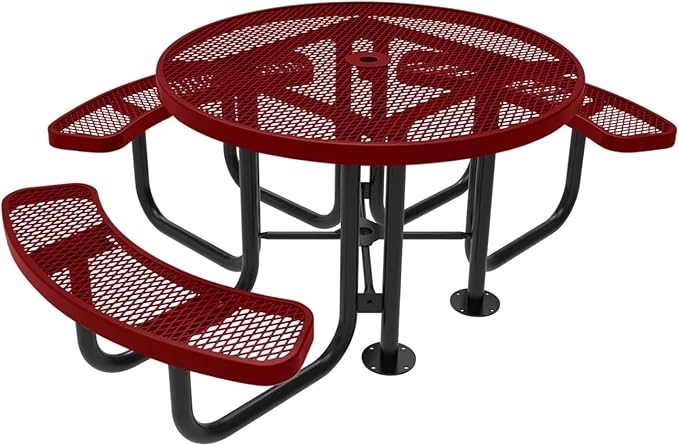COATEDOUTDOORFURNITURE Heavy-Duty Portable Outdoor Picnic Table with Umbrella Hole, Expanded Metal Patio Dining Furniture Made in America (46" Round Top, Textured Burgundy)