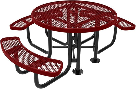 COATEDOUTDOORFURNITURE Heavy-Duty Portable Outdoor Picnic Table with Umbrella Hole, Expanded Metal Patio Dining Furniture Made in America (46" Round Top, Textured Burgundy)