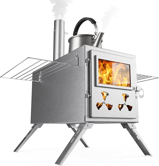 Hot Tent Wood Stove, Portable Camping Wood Burning Stove with 8 Stainless Chimney Pipes, Folding Wood Stove for Tent, Outdoor Heating, Cooking, Hunting, Ice Fishing