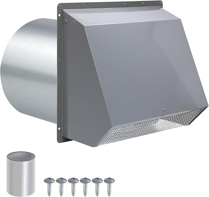 8 Inch Hooded Wall Vent with Screen and Damper, Wall Exhaust Vent Cover Cap for Exterior Ventilation and Outdoor Air Exhaust Kitchen Range Hood Dryer HVAC Duct, Galvanized Steel, Gray