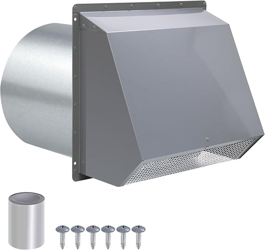 10 Inch Hooded Wall Vent Exhaust with Screen and Damper,Outdoor Wall Exhaust Vent Cover Cap for Kitchen Range Hood Outside Exterior Dryer Ventilation,Galvanized Steel,Gray
