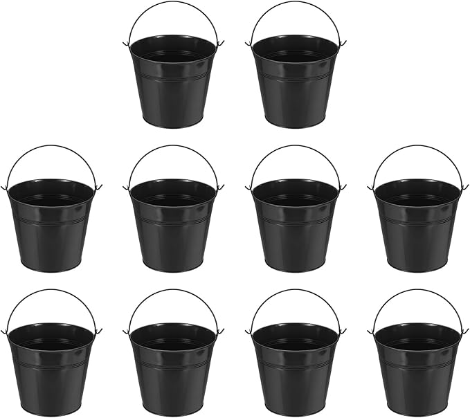 Small Metal Buckets, Mini Buckets with Handle Galvanized Colored Tin Pail Containers Basket Party Supplies - Fit for (Halloween - Classroom Crafts) 5" & 10Pcs & Black