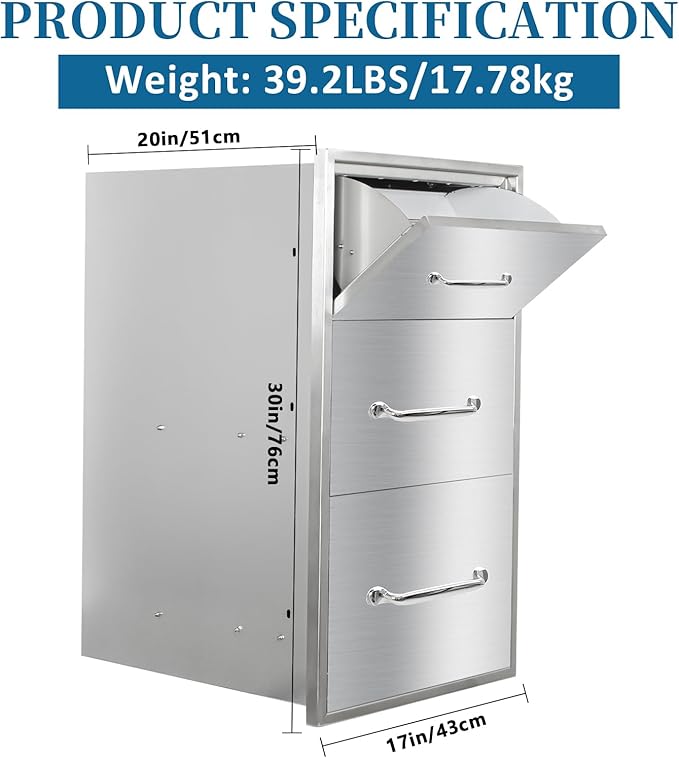 Outdoor Kitchen Drawers with Paper Towel Holder 17"Wx30"Hx20"D Flush Mount Access 3-Drawer BBQ Stainless Steel Drawers with Handle for Outdoor Kitchen Island or Grill Station
