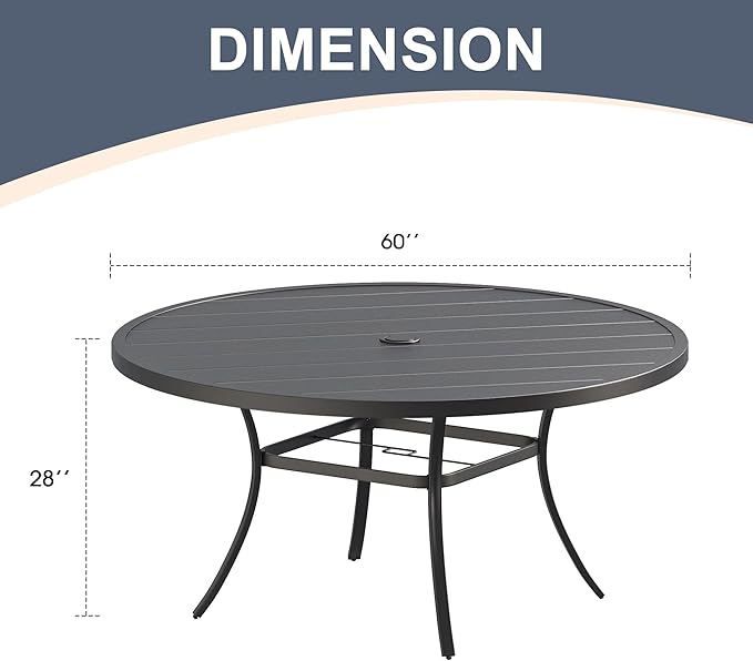VICLLAX Round Patio Dining Table, Metal Outdoor Dining Table with Umbrella Hole for 8-10 Person, 60" Black
