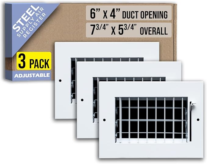 [3 Pack] Fits 6x4 Duct Opening Steel Adjustable Air Supply Grille by Handua | Register Vent Cover Grill for Sidewall and Ceiling | White | Out. Dim.: 7.75" X 5.75"