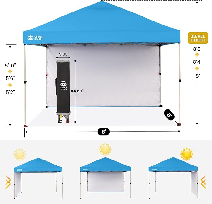 CROWN SHADES 8x8 Pop Up Canopy with 1 Side Wall - Beach Tent with One Push Setup - Outdoor Sun Shade for Events, Parties, Camping - Gazebo with STO-N-Go Cover Bag (Sky Blue)