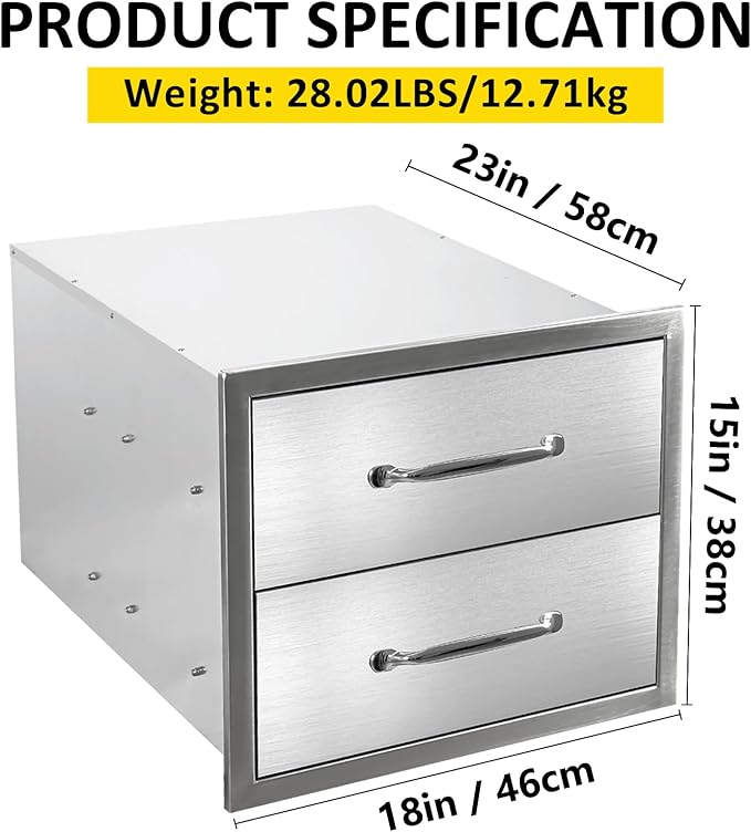 Outdoor Kitchen Drawers 18" W x 15" H x 23" D Flush Mount Double layer BBQ Drawers with Chrome Handle,Stainless Steel Built-in 2-Drawer for Outdoor Kitchen Island, Patio Grill Station