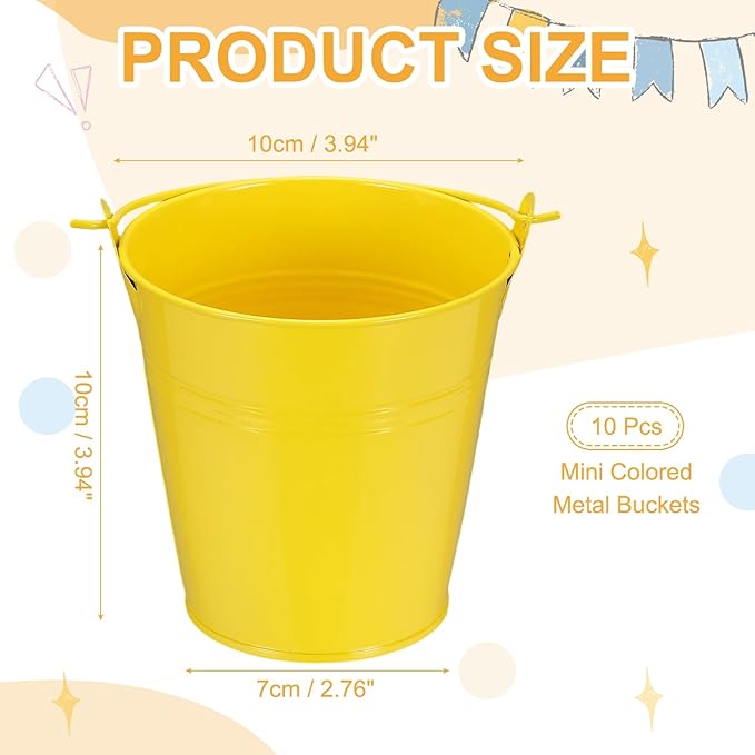 Small Metal Buckets, Mini Buckets with Handle Galvanized Colored Tin Pail Containers Basket Party Supplies - Fit for (Halloween - Classroom Crafts) 4" & 10Pcs & Yellow