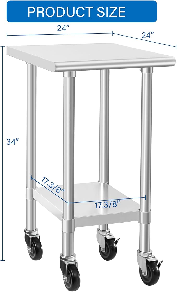 HARDURA Stainless Steel Commercial Table Prep & Work Table with Casters Heavy Duty Metal Table with Wheels NSF 430 24×24 Inches