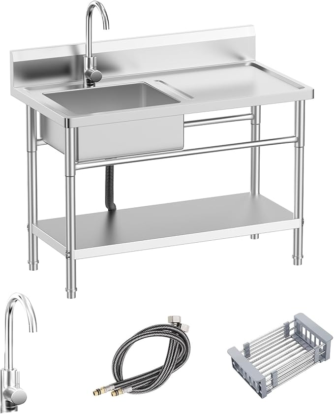 Stainless Steel Utility Sink, 39'' Free Standing Single Bowl Kitchen Sink with Cold and Hot Water Pipe, worktop,Indoor and Outdoor for Laundry Room Farmhouse Kitchen