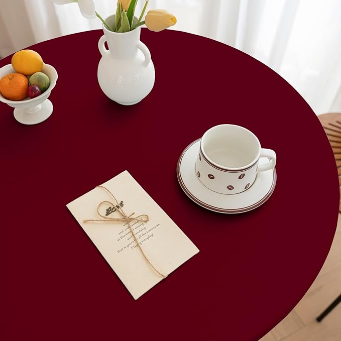 Round Fitted PU Tablecloth with High Elastic Edge 43 Inch Dia Waterproof Oil Proof Table Cloth Anti-Scald Stain-Resistant Wipeable Table Cover for Indoor Outdoor Picnic (Red,43" Dia)