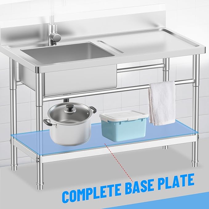 Stainless Steel Utility Sink, 39'' Free Standing Single Bowl Kitchen Sink with Cold and Hot Water Pipe, worktop,Indoor and Outdoor for Laundry Room Farmhouse Kitchen