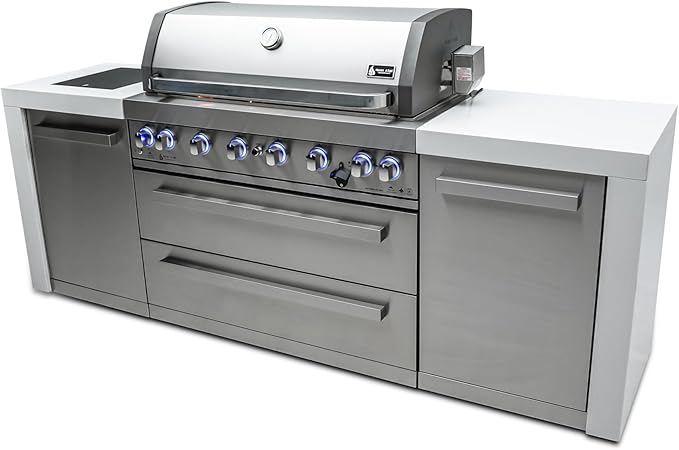 Mont Alpi 805 MAi805-D 6-Burner 115000 BTU Stainless Steel Outdoor Kitchen Island BBQ Gas Grill + 2 Infrared Side Burners Granite Countertops, Storage Drawers & Cabinets, Rotisserie Kit, Weather Cover