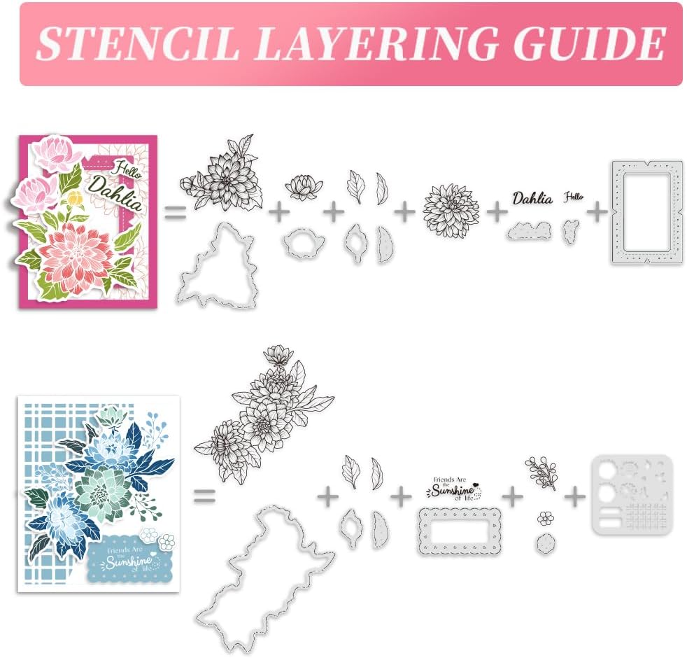 ORIGACH Realistic Dahlia Layering Stencils Set for Card Making, Dahlia Silicone Stamps and Die Sets and Flower Stencil Template for Scrapbooking DIY Crafting