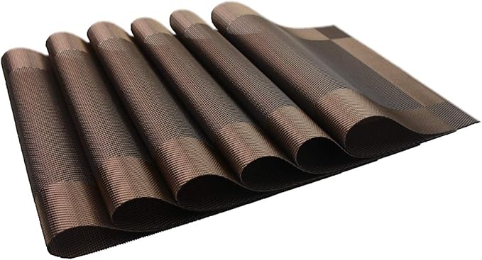 PIGCHCY Place Mats Heat-Resistant Non Slip Placemats Easy Wipe Clean Table Mats Woven Vinyl Placemats for Dining Table(Set of 6, Brown)
