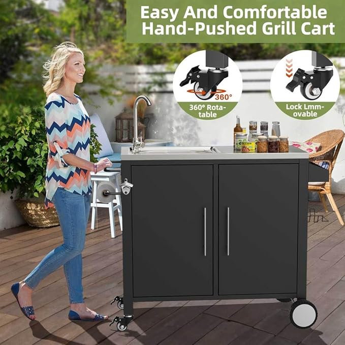 Outdoor Grill Cart with Storage, Movable Prep Cart with 304 Stainless Steel Sink and Wheels 3-Shelf Outdoor Kitchen Prep Table Pizza Oven Stand,BBQ Cart (38" x 18" x 35")