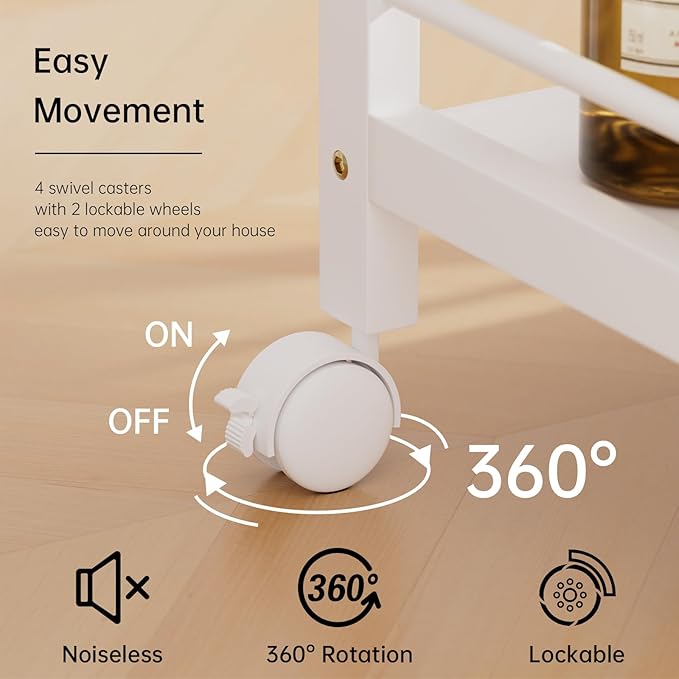 HITNET White Bar Cart, Home Bar Serving Cart, Kitchen Trolley on Wheels with Storage, 3 Tier Rolling Beverage Cart for Living Room Kitchen Home Office