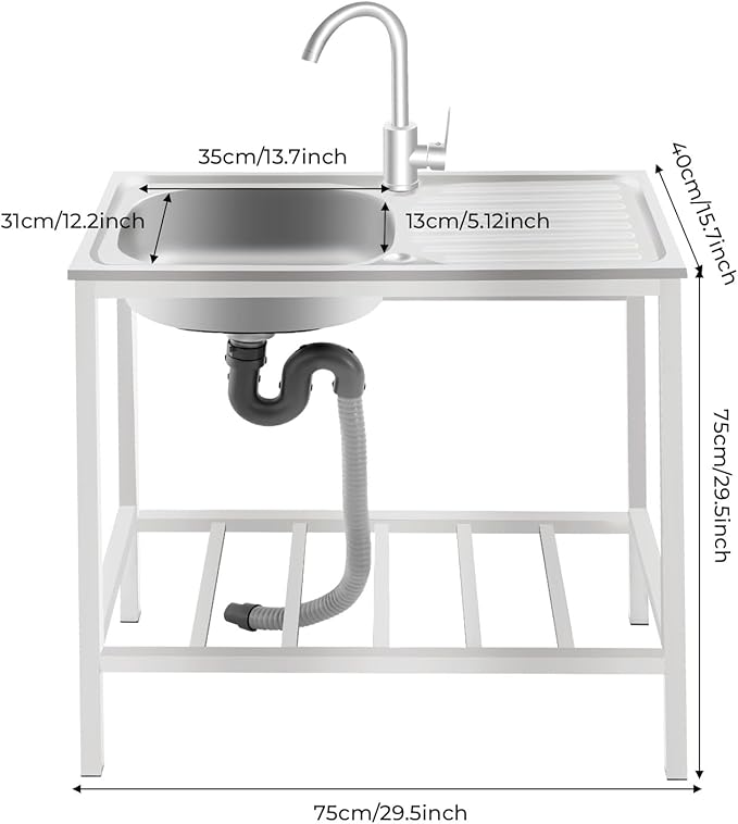 Portable Outdoor Utility Sink, Free Standing Single Bowl Kitchen Sink with Storage Shelf Faucet Operation Countertop, Commercial Stainless Steel Sink Adjustable Support Feet (30X16X30in)