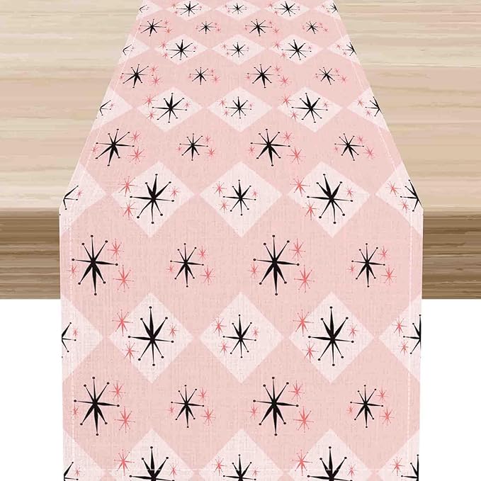 Pink Table Runner, Retro Mid Century 1950s Checkered Modern Abstract Geometric Coffee Table Center Decor for Home Kitchen Dining Patio Holiday Party Indoor Outdoor Table Decorations, 13"x72" Inch