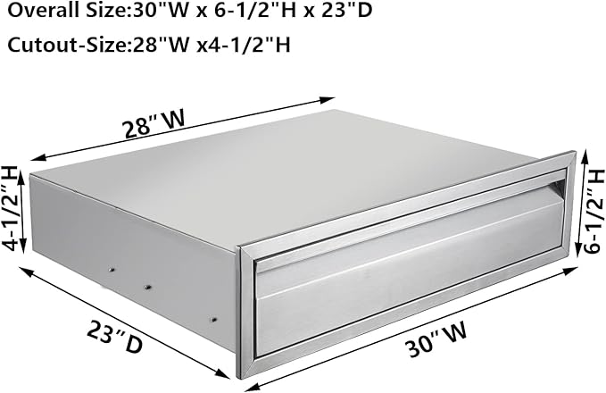 30" W Outdoor Kitchen Drawer Stainless Steel BBQ Single Drawer w/Divider Flush Mount for Outdoor Kitchen Island(Overall Size:30" W x 6-1/2"H x 23" D inch)