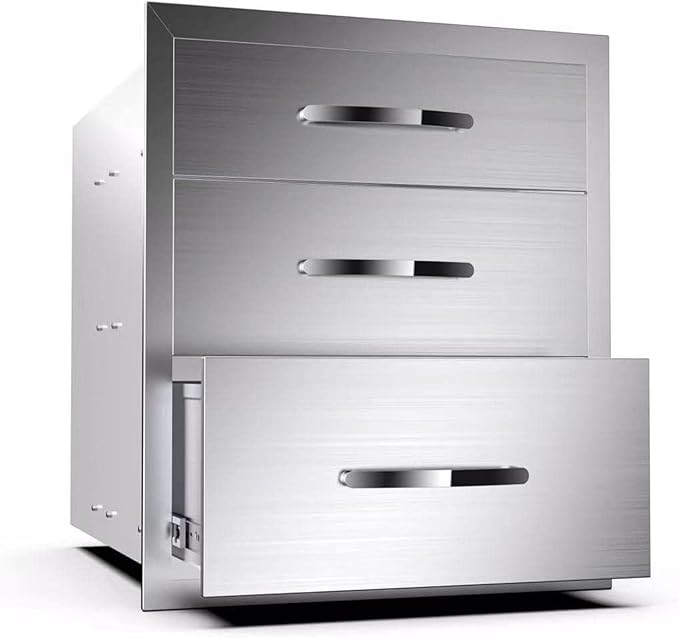 Outdoor Kitchen Drawers, Box Frame Style Flush Mount BBQ Drawer w/Stainless Steel Handle, BBQ Island Drawers For Patio Grill Station,Three Drawers