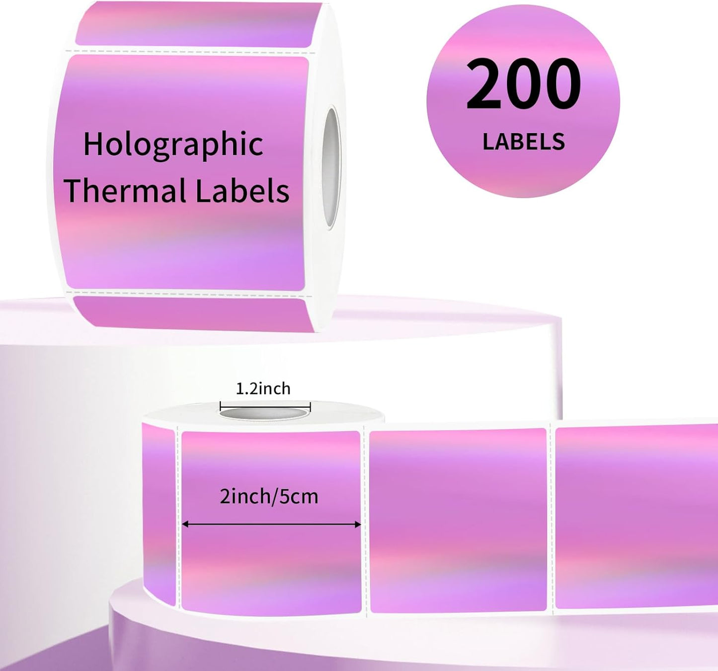 2" x 2" Square Thermal Labels Stickers, Holographic Thermal Stickers Labels, Self-Adhesive Glitter Direct Thermals Label for Small Business, DIY Design- Holographic Pink